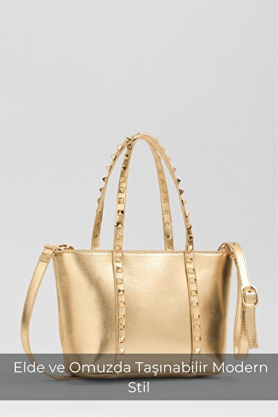 Madamra Gold Women's Staple Detailed Pu Leather Buckle Hand and Shoulder Bag