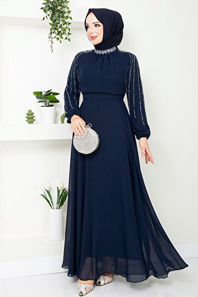 InStyle Темно-синя шифонова вечірня сукня з рукавами з кам'яними паєтками