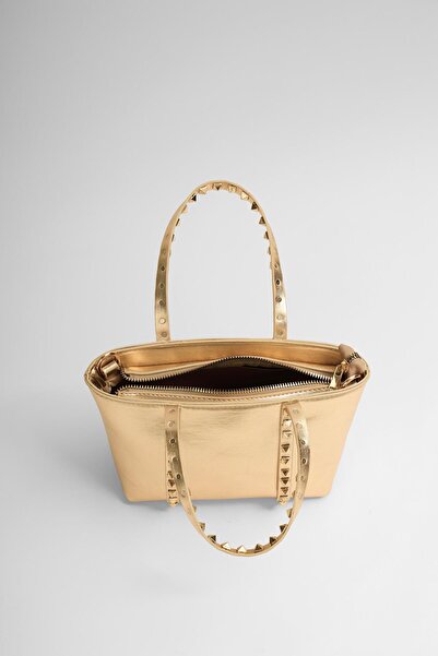 Madamra Gold Women's Staple Detailed Pu Leather Buckle Hand and Shoulder Bag