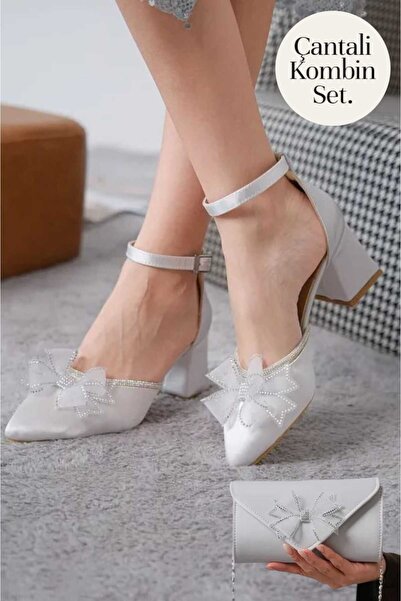 BAKGİY Gümüş Saten Kadın Tül Fiyonklu Çanta Setli Kalın Topuklu Ayakk BG1112-121-0008