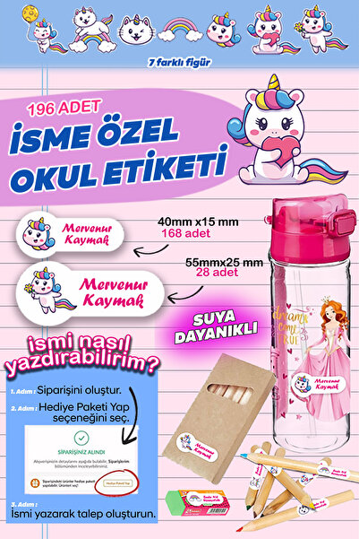 tifopix Okul Etiketi Kalem Defter isimli Etiket isim Yazılabilen Unicorn Tema...