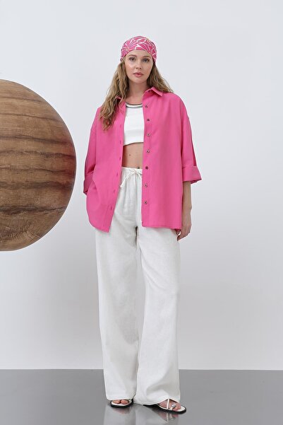 Loreen Women's Wide Sleeve Basic Cotton Shirt - 20655Gml - Fuchsia