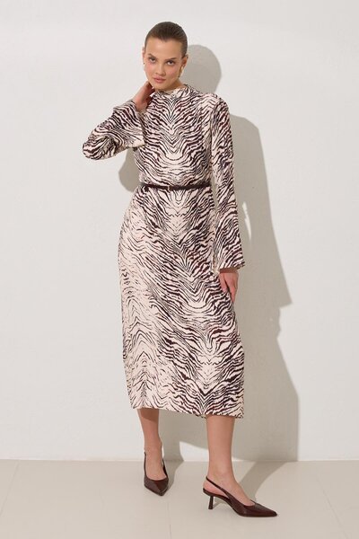 Setre Ecru-Burgundy Waist Belt Detailed Long Sleeve Patterned Midi Length Dress