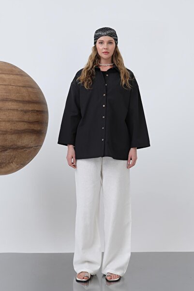 Loreen Women's Basic Shirt with Sleeve Detail - 20655Gml - Black