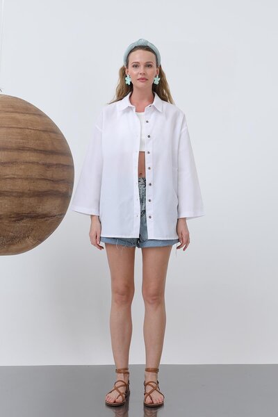 Loreen Women's Wide Sleeve Basic Cotton Shirt - 20655Gml - Ecru