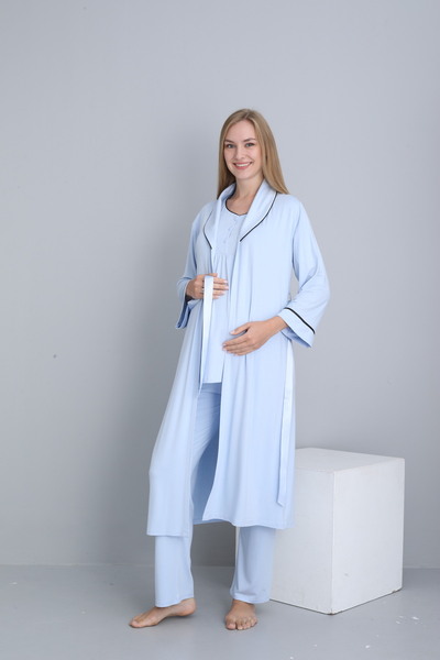 Miss Dünya Lissa Baby Blue Maternity and Maternity 4 Piece Breastfeeding Pajama Set with Morning Dress