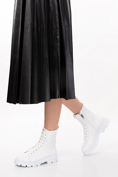 Ramer Cizme albe de damă cu șireturi și fermoar