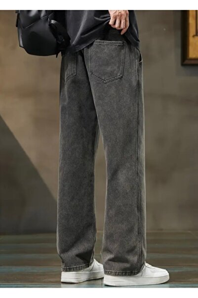 moda camiya Elastic Waist Straight Leg Relaxed Cut Anthracite Men's Baggy Jean Trousers