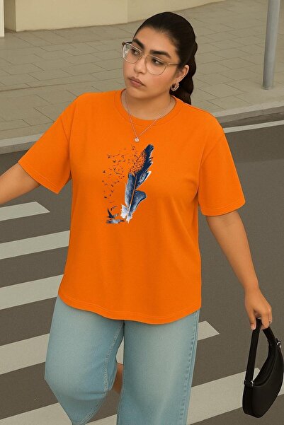 DM DOLCE MORE Large Size Blue Feather Printed Unisex T-Shirt