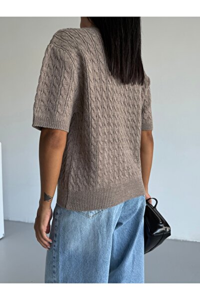 Serenay Atelier Γυναικεία πλεκτά με κοντό μανίκι Crew Neck Hair Knit