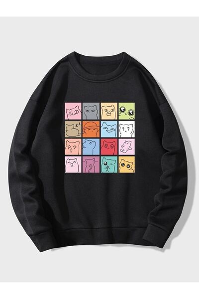 DUBU BUTİK Hanorac Kedimoji - Negru Imprimat Oversize Crew Gât