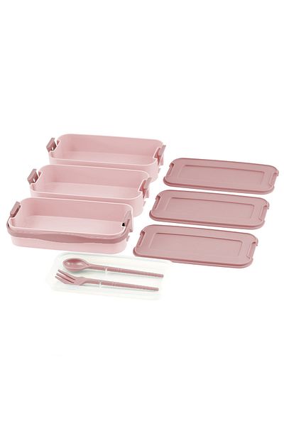 İronika 1260 ml 3 Layer Lid Cutlery Lunch Box Lunch Box Nutrition Container - Pink