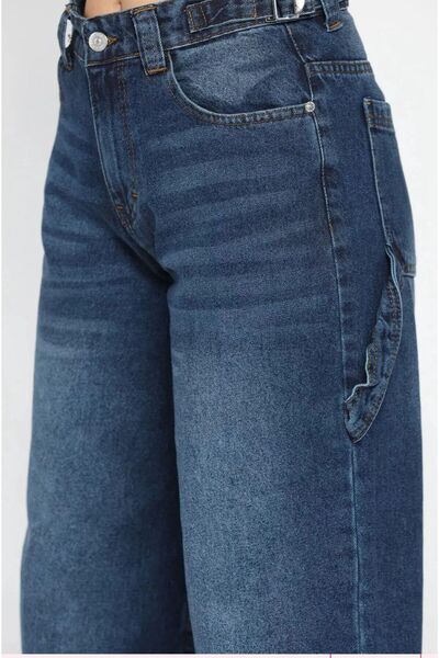 Shield Life Alley Double Belted Blue K.Tint Adjustable Buckle Detail Straight Women's Jeans Pants High Quality