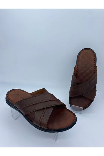 BURAK ALDAY SHOES Men's Genuine Leather Massage Sole Brown Slippers