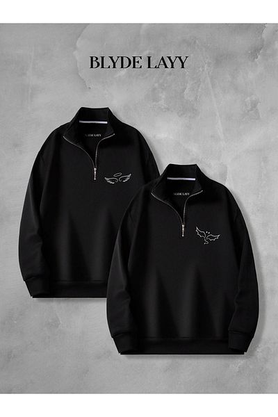 BLYDE LAYY Angel-Demon Black 3-Thread Half Zipper Double Sweatshirt Lover Couple Combination