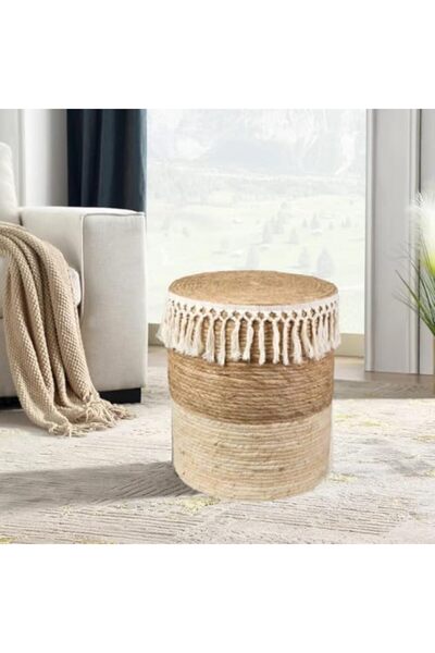 genric FFD Hand-Woven Seagrass Ottoman Pouf | Eco-Friendly Round Footstool with Wood Frame & Boho Jute