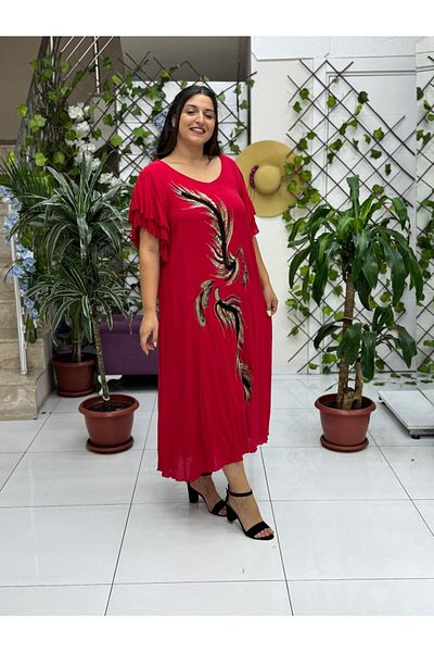 Punta Otantik Vl9636 Feather Printed Half Sleeve Voile Dress Red