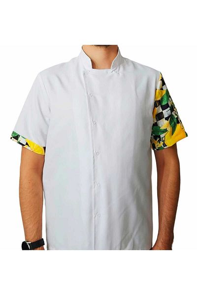 Ant Rotagrup Üniforma ve İş Elbiseleri Chef Jacket Patterned Unisex Snap Fastener Short Sleeve Summer Chef Cook Kitchen Jacket Lemon Pattern