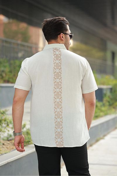 Miron Men's Ecru Linen Shirt with Embroidery Detail on the Back - Short Sleeve - 2535