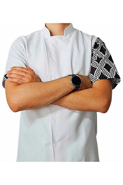 Ant Rotagrup Üniforma ve İş Elbiseleri Chef Jacket Patterned Unisex Snap Fastener Short Sleeve Summer Chef Cook Kitchen Jacket Chain Motif Patterned