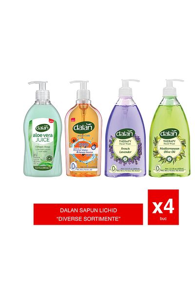 Dalan – Liquid soap 400ml, set of 4 varieties: lavender, aloe, olive oil, micellar water