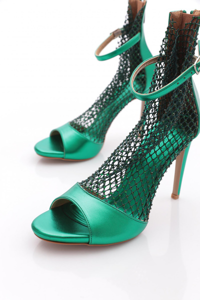 DGN 2031 Women's Silver Stone Transparent Ankle Belt Tie Heeled Shoes