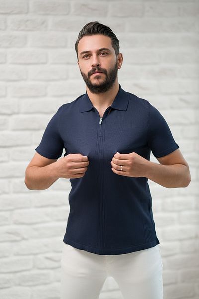 San&Fa Slimfit Zipper Closure Rayon Fabric Lycra Polo Neck T-Shirt