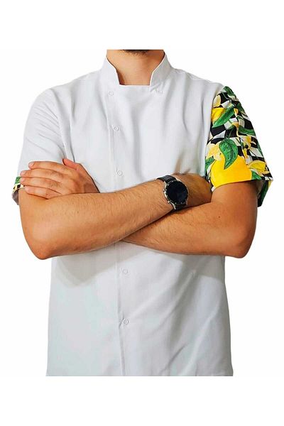 Ant Rotagrup Üniforma ve İş Elbiseleri Chef Jacket Patterned Unisex Snap Fastener Short Sleeve Summer Chef Cook Kitchen Jacket Lemon Pattern