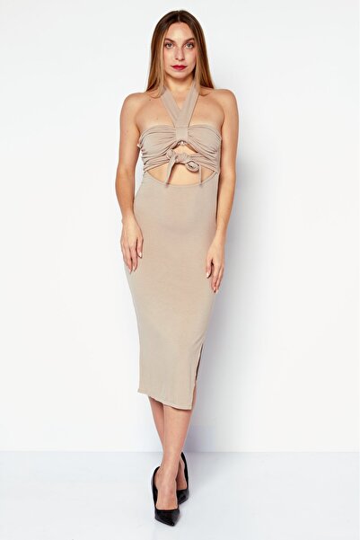 Endless Blu Women Ribbed Midi Dress, Tan