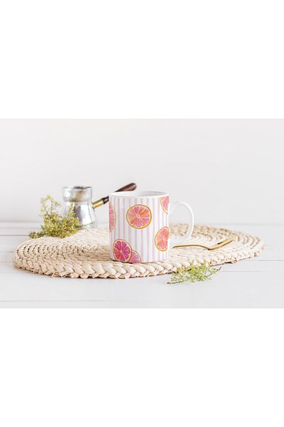 EYBaskı Tasarım Pink Striped Fruit Patterned Porcelain Mug – Summer Mood Design