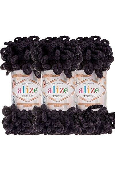Alize Puffy 3’lü Paket El Örgü İpi - Şişsiz – 100g x 3 Adet – Renk No: 1060 - Siyah