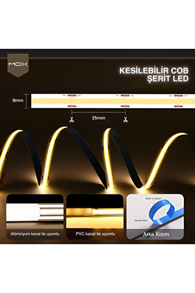 fitterfoot 5 Metre Cob Şerit LED 24V – 480 Led/m, Kesilebilir, Alüminyum Kanal Uyumlu