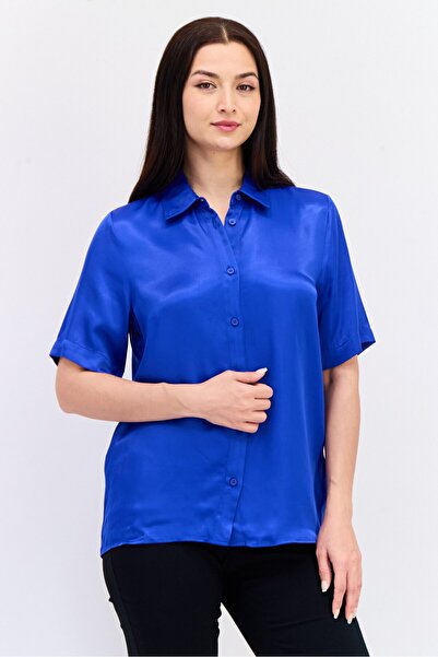 DeFacto Women Pointed Collar Short Sleeves Plain Shirt, Blue