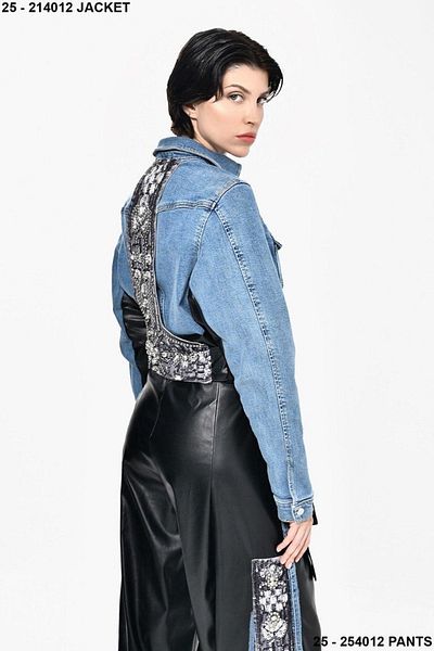 DQMANE Design Leather Detail Short Denim Jacket with Stones on the Back