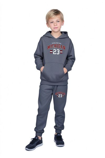 FYK COLLECTİON Michigan Printed Boy's Tracksuit with Kangaroo Pocket Hoodie