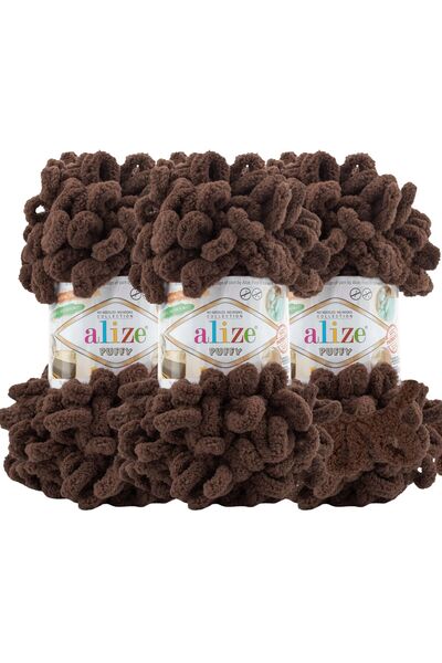 Alize Puffy 3’lü Paket El Örgü İpi - Şişsiz – 100g x 3 Adet – Renk No: 493 - Kahve