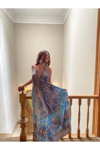 yıldağ butik mavi ithal ipek elbise
