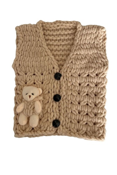 OEM El Örgüsü Bebek Yeleği, Kalın 1-2 Yaş, Bal köpüğü Rengi, Ayıcık Detaylı