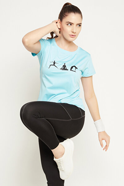 Clovia Comfort Fit Graphic Print Active T-shirt in Sky Blue