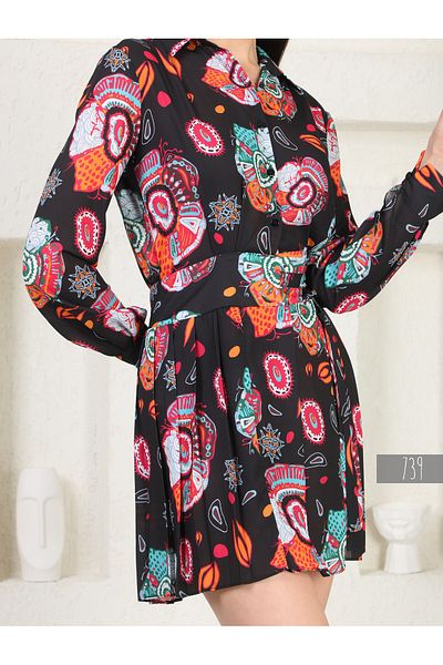gökçesu Women's Shirt Dress with Patterned Tie Detail