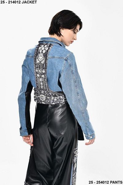 DQMANE Design Leather Detail Short Denim Jacket with Stones on the Back