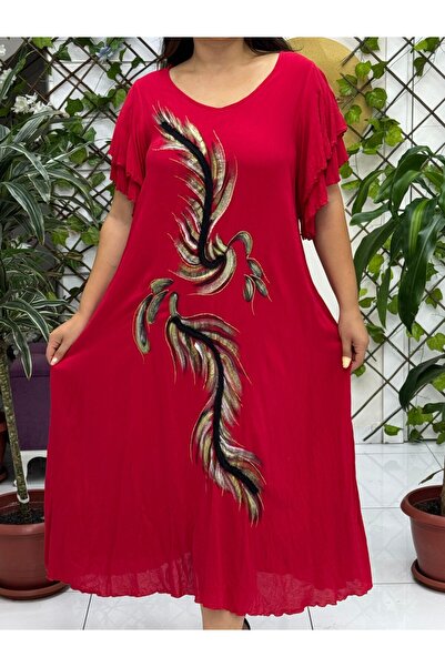 Punta Otantik Vl9636 Feather Printed Half Sleeve Voile Dress Red