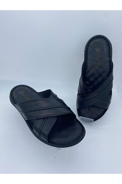 BURAK ALDAY SHOES Men's Genuine Leather Massage Sole Black Slippers