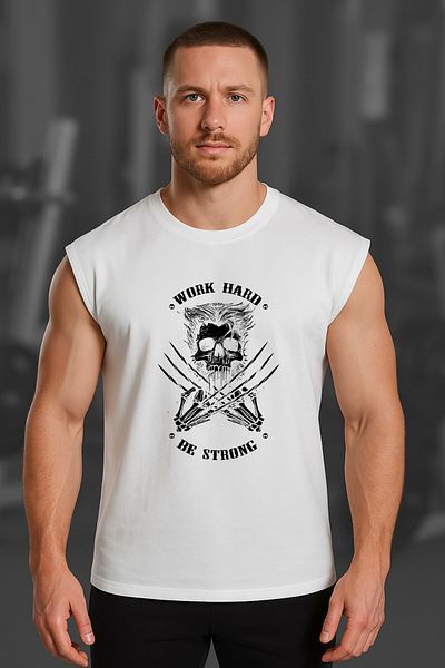 BESSA White Printed Sportsman Tank Top Crew Neck Cotton Sleeveless Tank Top Work Hard Men