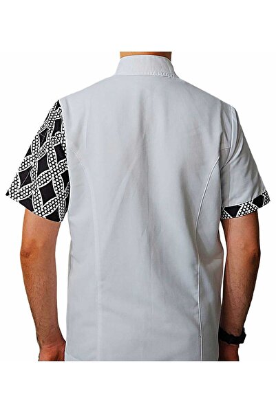 Ant Rotagrup Üniforma ve İş Elbiseleri Chef Jacket Patterned Unisex Snap Fastener Short Sleeve Summer Chef Cook Kitchen Jacket Chain Motif Patterned