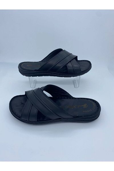 BURAK ALDAY SHOES Men's Genuine Leather Massage Sole Black Slippers
