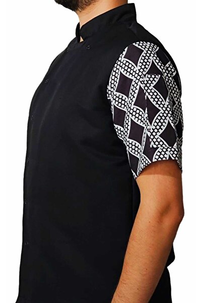 Ant Rotagrup Üniforma ve İş Elbiseleri Chef Jacket Patterned Unisex Snap Fastener Short Sleeve Summer Chef Cook Kitchen Jacket Chain Motif Patterned