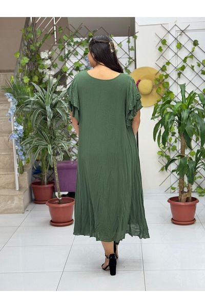 Punta Otantik Vl9636 Feather Printed Half Sleeve Voile Dress Khaki