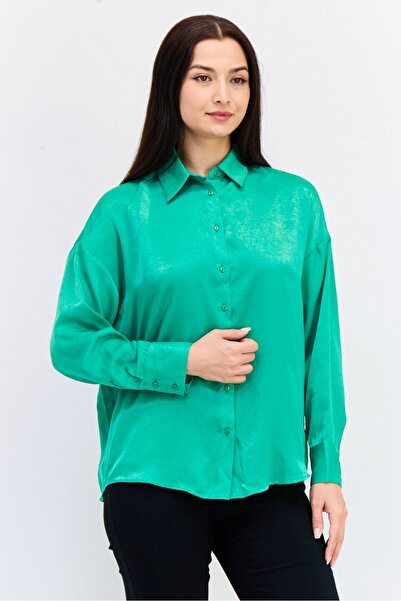 Koton Women Spread Collar Long Sleeves Solid Shirt, Green