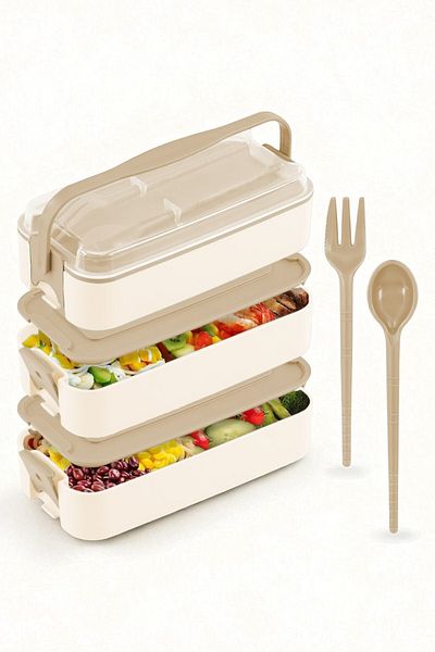 İronika 1260 ml 3 Layer Lid Fork Knife Lunch Box Lunch Box Nutrition Container - Brown